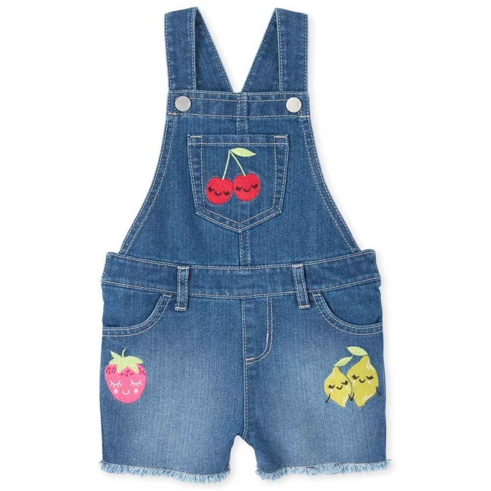 Girls Embroidered Fruits Overall Shorts Shortalls Lemon Cherry Strawberry 5t